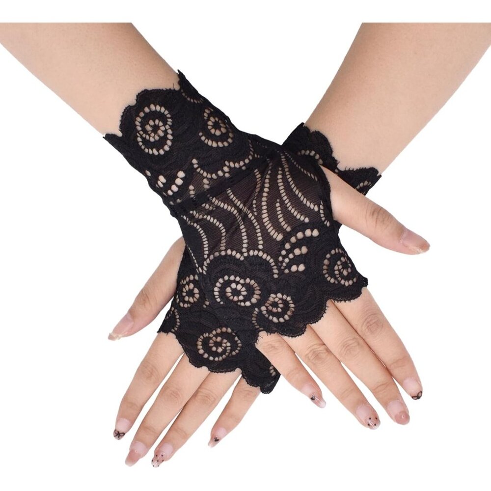 Women's St132-B-Black Elegant Floral Lace Fingerless Short Gloves Party Prom